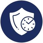 Ilustración blanca y azul en la que aparece un escudo que representa compromiso en las fechas de ejecución de nuestro servicio de alquiler de contenedores