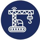 Ilustración blanca y azul en la que aparece una retroexcavadora con gancho que representa que Westport tiene parque de maquinaria propio para ofrecer un servicio de calidad de obra civil en Las Rozas